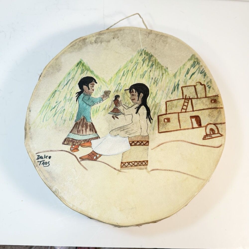 Vintage Native American Rawhide Drum Hand Painted Children Playing 12” Taos